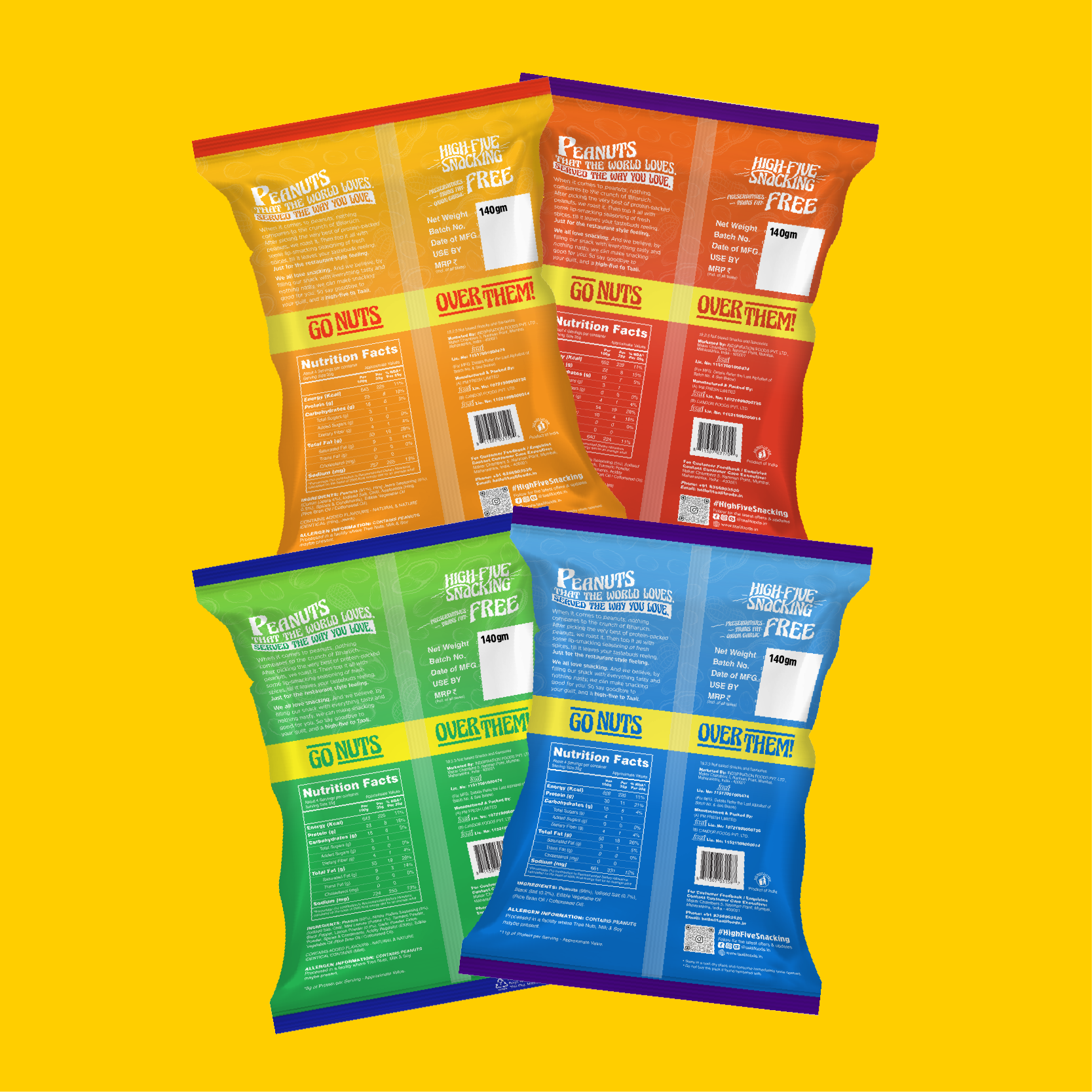 Taali Roasted Peanuts – Combo Pack of 4 Flavors | Masala, Salted, Hing Jeera, Nimbu Pudina (140/150 g)