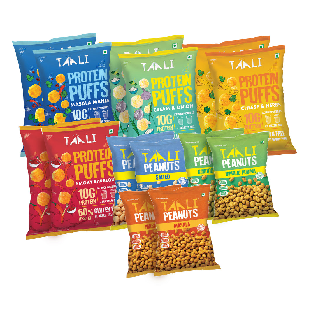 CHAKNA Variety Pack [Protein Puffs (60g x 8), Roasted Peanuts (150g x 6)]