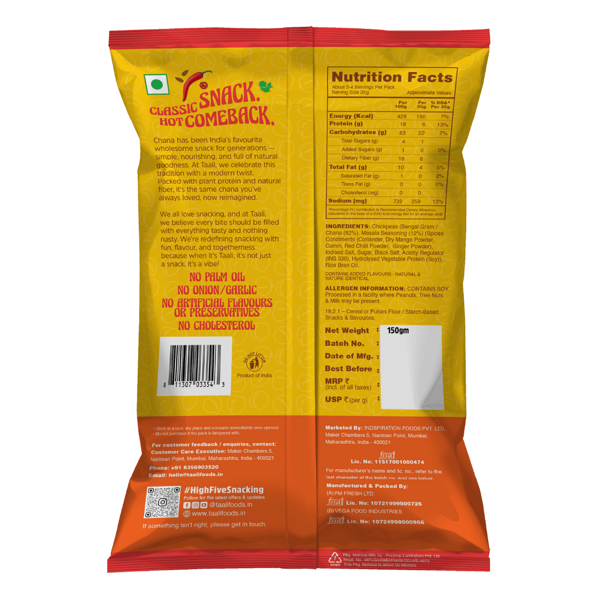 Taali Roasted Chana Masala, Flavoured |  Rich in Protein| Gluten-Free| Namkeen Snacks| Ready to Eat, 150g| Pack of 4