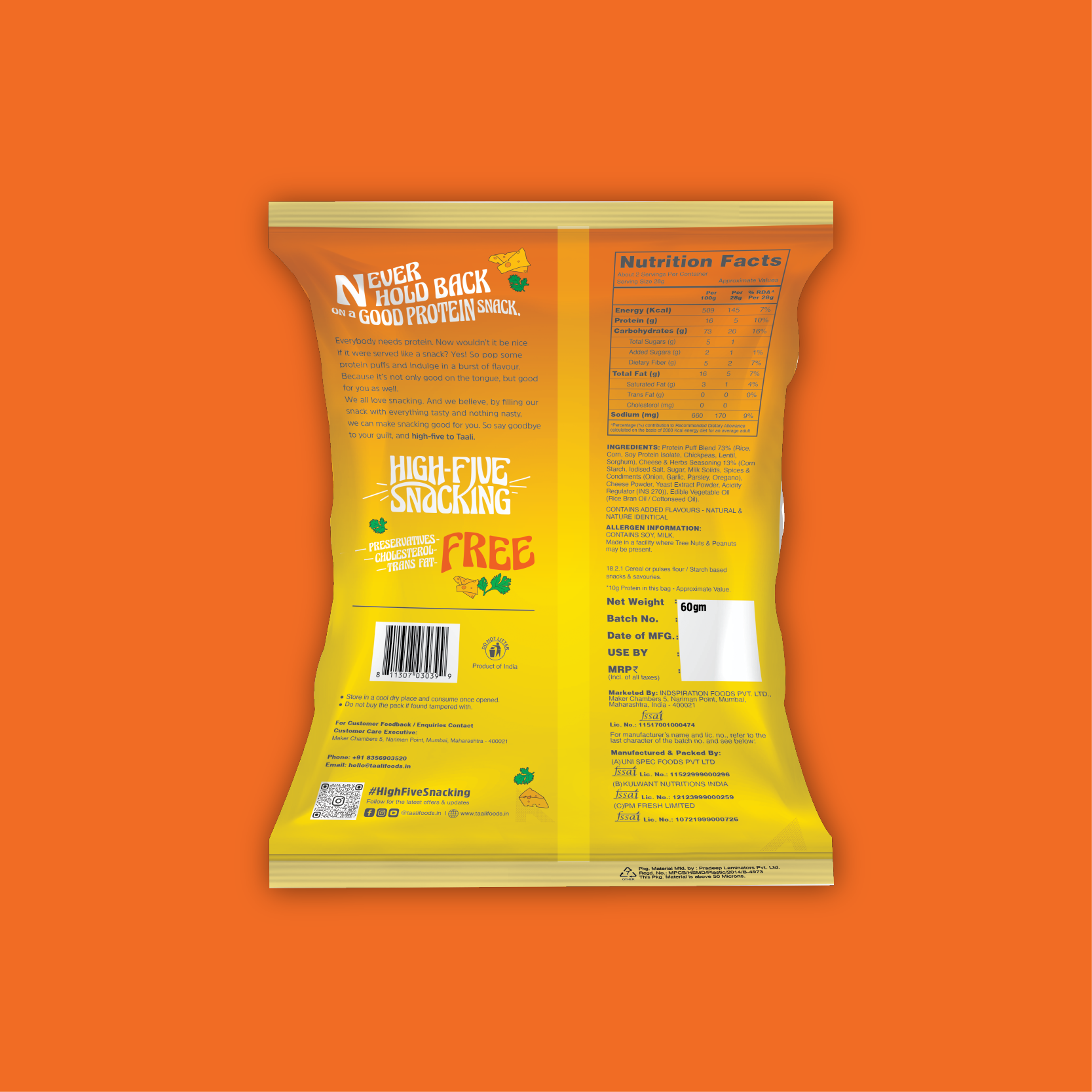 Taali Protein Puffs – Cheese and Herbs (60 g)