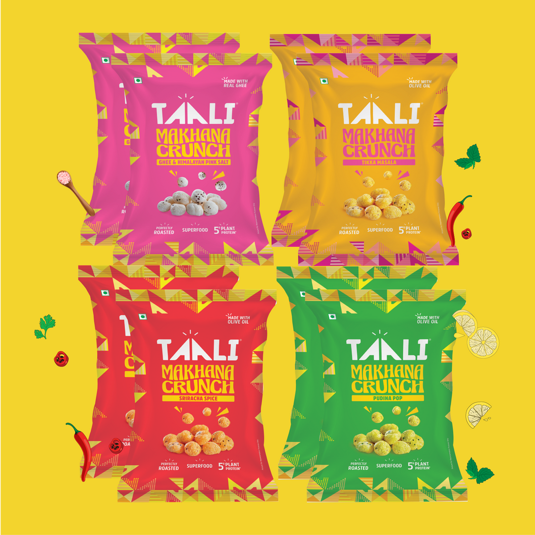 Taali Makhana Crunch – All Savoury Flavours Variety Pack | 4 Flavours × 2 Packs Each (8 Packs)