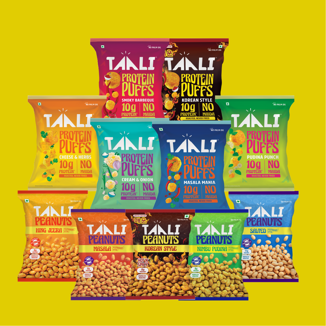 Taali Party Combo – All Flavours Roasted Peanuts (5 Packs) + All Protein Puff Flavours (6 Packs)