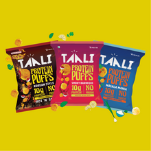 Load image into Gallery viewer, Taali Protein Puffs – Spicy Flavours Combo | Smoky BBQ, Masala Mania &amp; Korean Style (2 Each)
