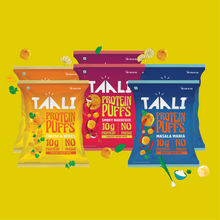 Load image into Gallery viewer, Taali Protein Puffs – Bestsellers Combo | Smoky BBQ, Masala Mania &amp; Cheese &amp; Herbs (2 Each)
