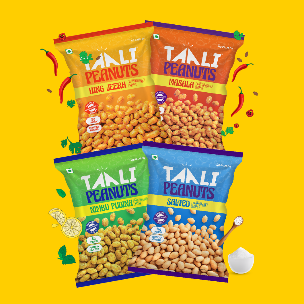 Taali Roasted Peanuts – Combo Pack of 4 Flavors | Masala, Salted, Hing Jeera, Nimbu Pudina (Pack of 4 x 140/150 g)