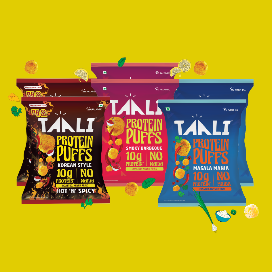 Taali Protein Puffs – Spicy Flavours Combo | Smoky BBQ, Masala Mania & Korean Style