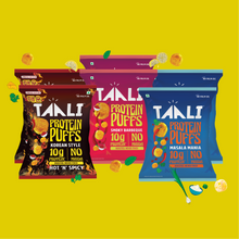 Load image into Gallery viewer, Taali Protein Puffs – Spicy Flavours Combo | Smoky BBQ, Masala Mania &amp; Korean Style (2 Each)
