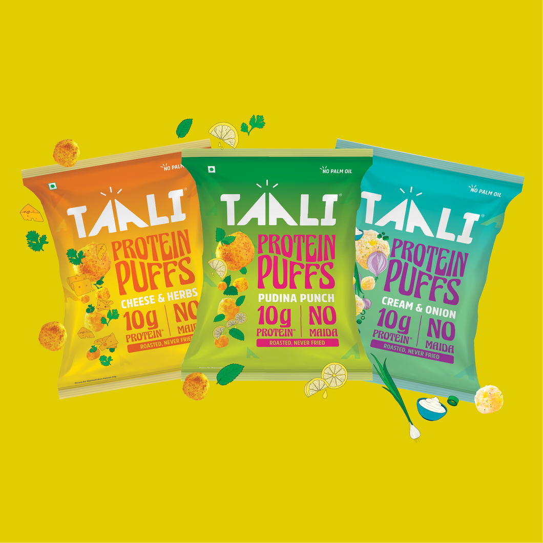 Taali Protein Puffs – Milder Flavours Combo | Cream & Onion, Pudina Punch, Cheese & Herbs (2 Each)