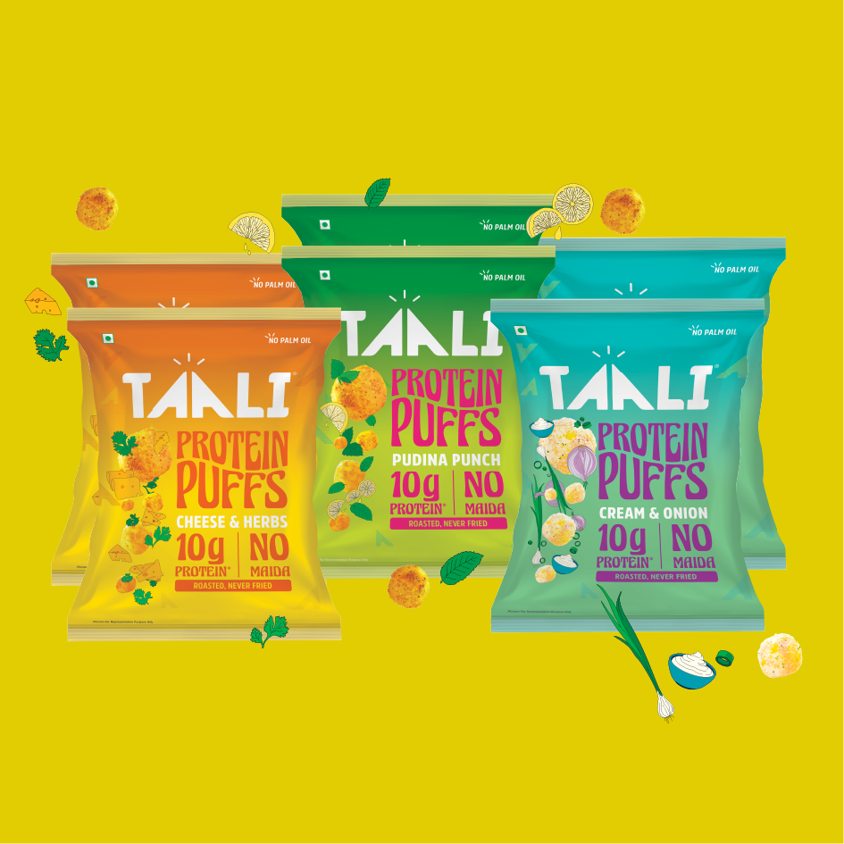 Taali Protein Puffs – Milder Flavours Combo | Cream & Onion, Pudina Punch, Cheese & Herbs