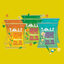 Load image into Gallery viewer, Taali Protein Puffs – Milder Flavours Combo | Cream &amp; Onion, Pudina Punch, Cheese &amp; Herbs (2 Each)

